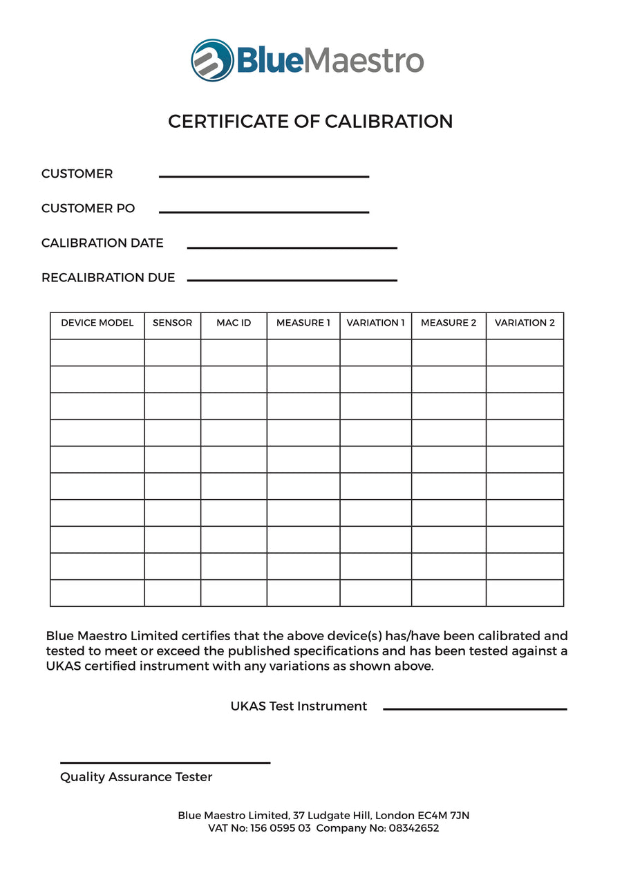 Calibration certificate for Bluetooth wireless temperature sensors