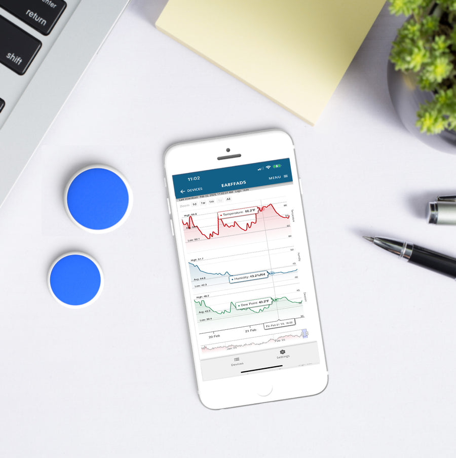 Blue Maxi Mini Bluetooth Logger with Alerts next to Smartphone