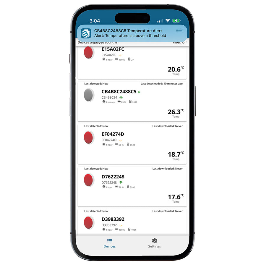 App Screenshot for Bluetooth Logger Showing Temperature Alerts
