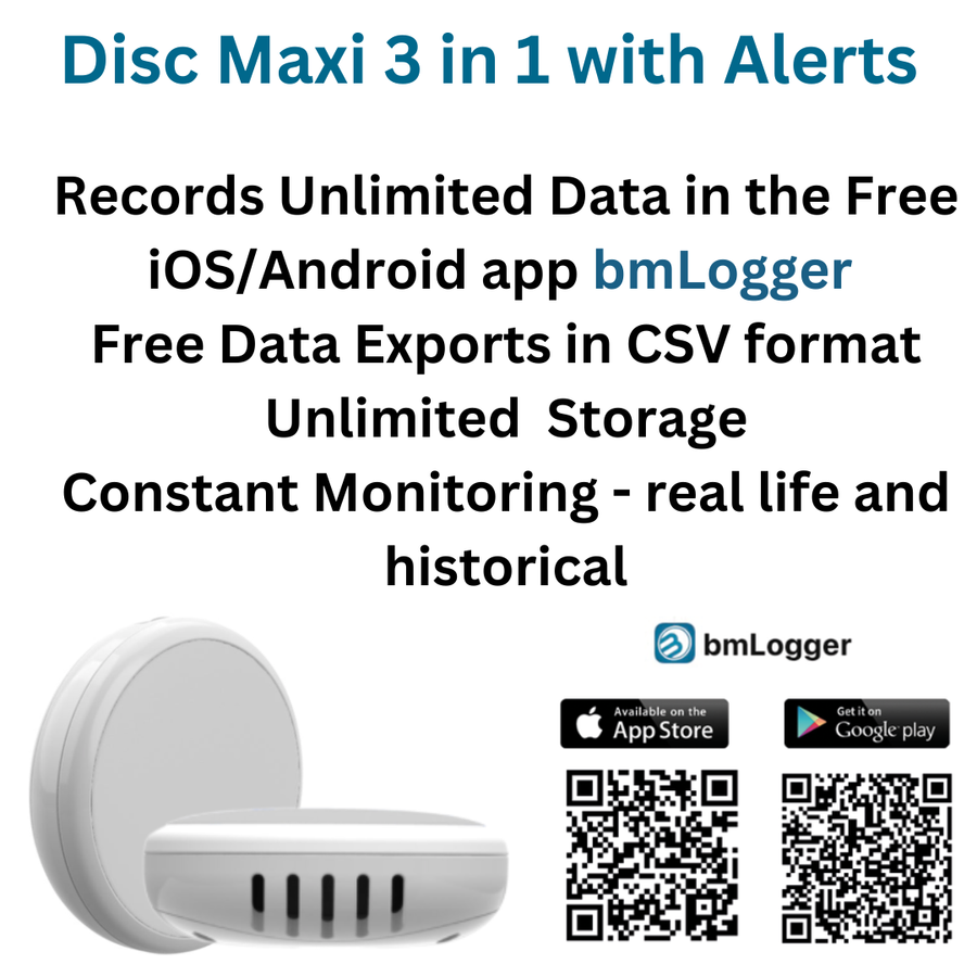 *NEW* Disc Maxi 3 in 1 with Alerts - Bluetooth Enabled Temperature, Humidity and Dew Point Sensor and Logger